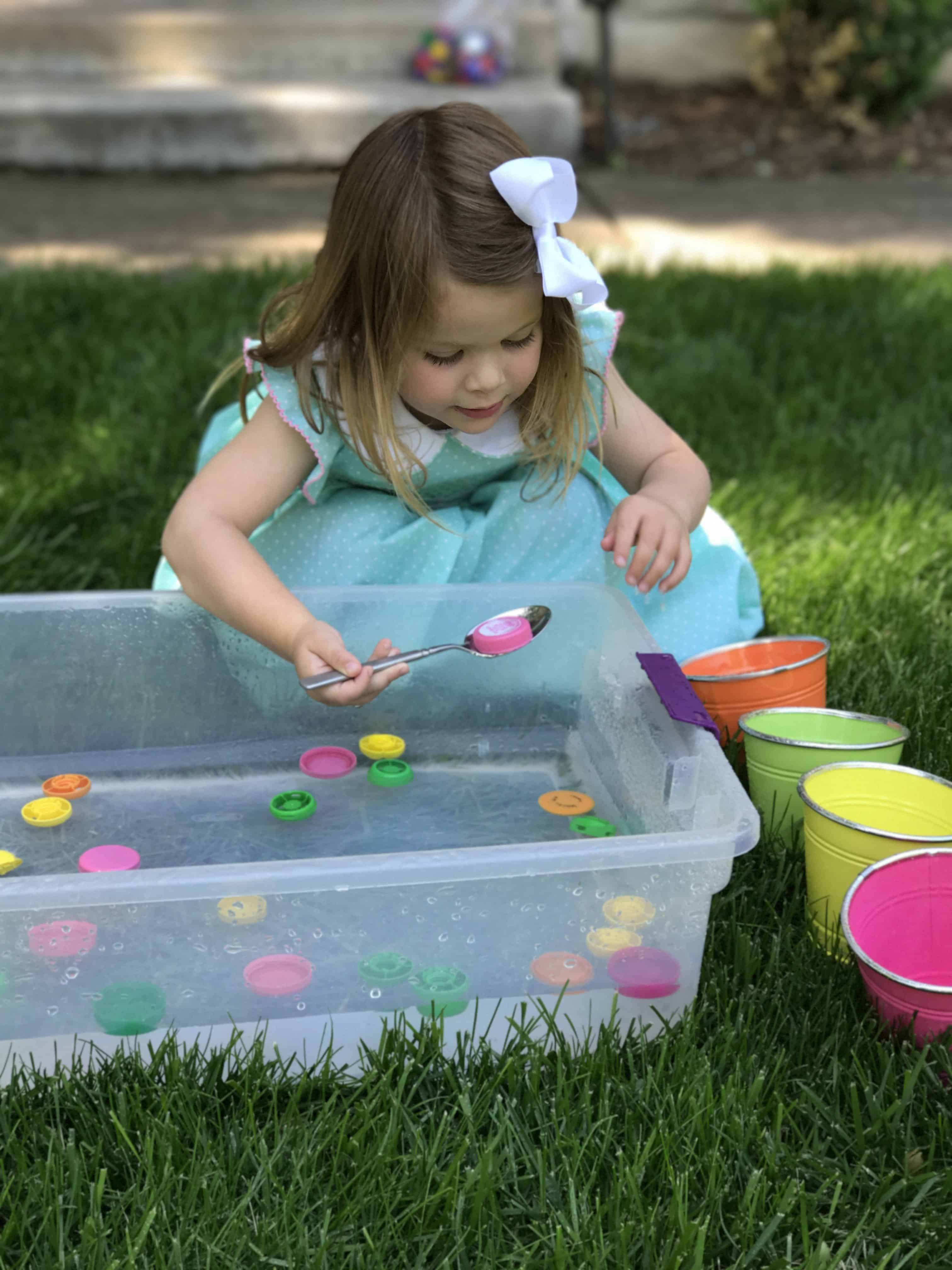 sorting lids into colors